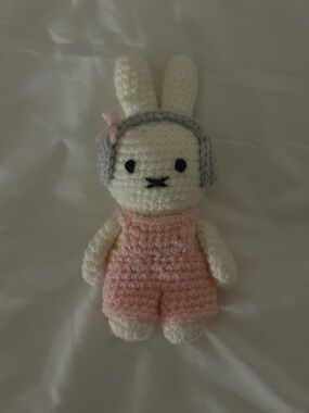 Crochet Cream Bunny Plush with Pink Outfit and Gray Headphones